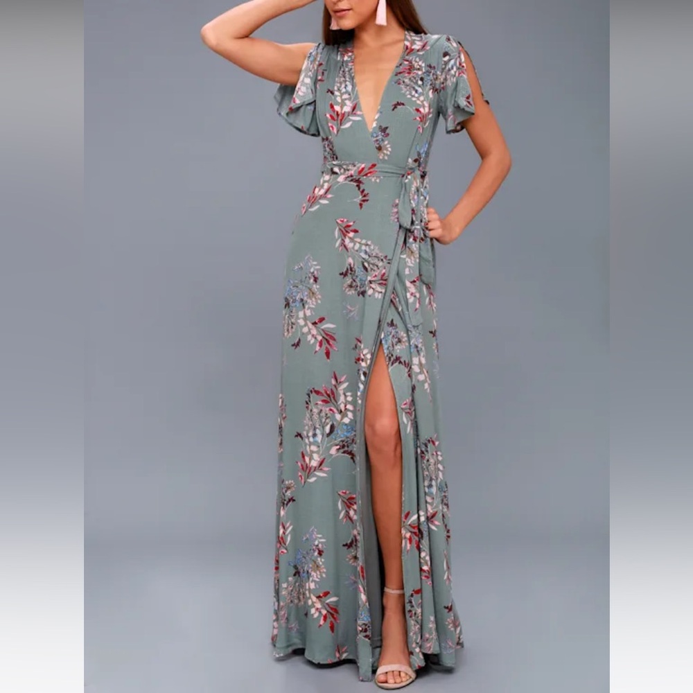 Lulu’s Fiorire Slate Blue Floral Print Wrap Maxi Dress - Size XS
